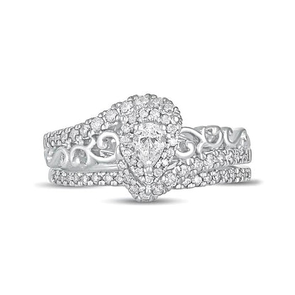 0.63 CT. TW Pear-Shaped Diamond Frame Filigree Bypass Bridal Set in 10K White Gold