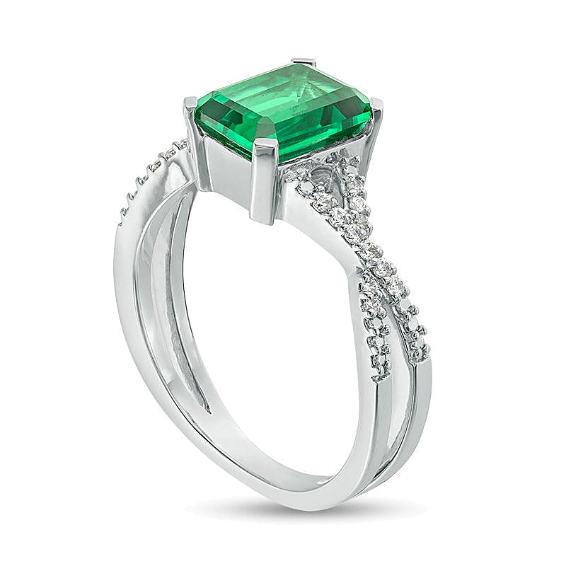 Emerald-Cut Lab-Created Emerald and 0.1 CT. TW Diamond Criss-Cross Split Shank Ring in 10K White Gold