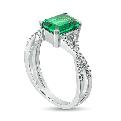 Emerald-Cut Lab-Created Emerald and 0.1 CT. TW Diamond Criss-Cross Split Shank Ring in 10K White Gold