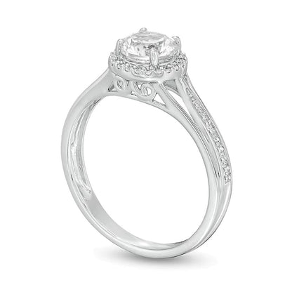 6.0mm Lab-Created White Sapphire and 0.13 CT. TW Diamond Frame Split Shank Ring in Sterling Silver
