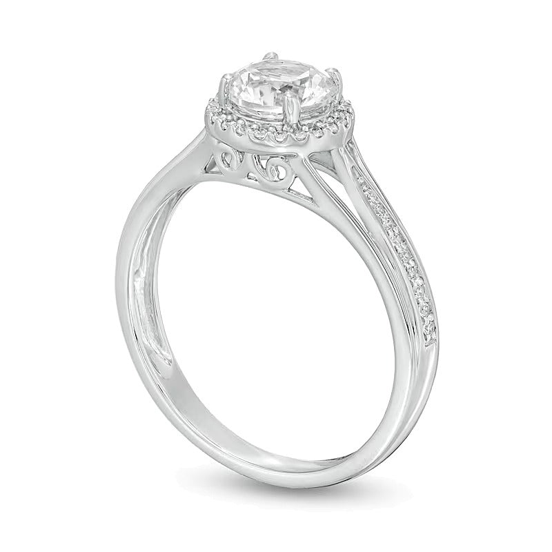 6.0mm Lab-Created White Sapphire and 0.13 CT. TW Diamond Frame Split Shank Ring in Sterling Silver