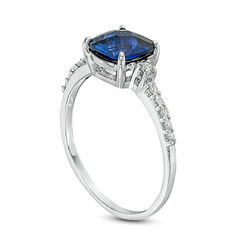 7.0mm Cushion-Shaped Lab-Created Blue Sapphire and 0.13 CT. TW Diamond Engagement Ring in 10K White Gold