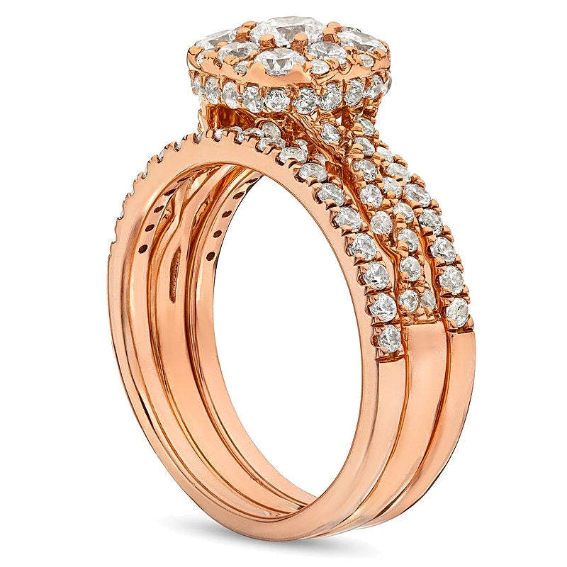 1.5 CT. TW Cushion Multi-Diamond Twist Shank Three Piece Bridal Set in 10K Rose Gold