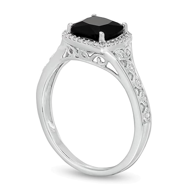 7.0mm Cushion-Cut Black Sapphire and 0.1 CT. TW Diamond Frame Vintage-Style Ring in 10K White Gold