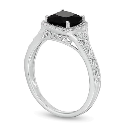 7.0mm Cushion-Cut Black Sapphire and 0.1 CT. TW Diamond Frame Vintage-Style Ring in 10K White Gold