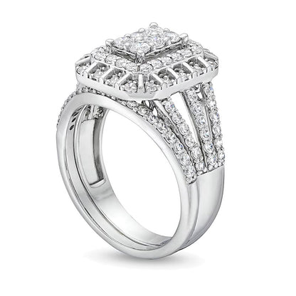 1.0 CT. TW Emerald Multi-Diamond Triple Row Split Shank Bridal Set in 10K White Gold