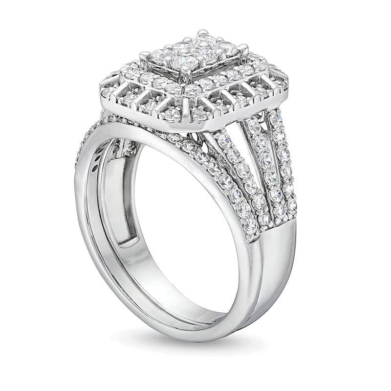 1.0 CT. TW Emerald Multi-Diamond Triple Row Split Shank Bridal Set in 10K White Gold