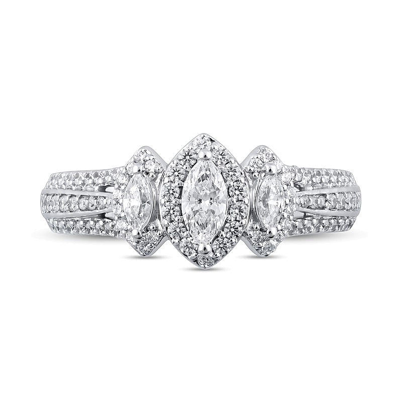 1.0 CT. TW Marquise Diamond Frame Three Stone Triple Row Split Shank Engagement Ring in 14K White Gold