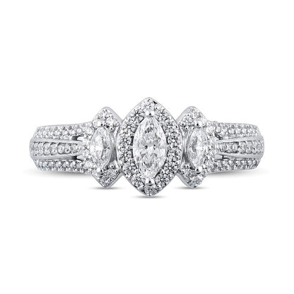 1.0 CT. TW Marquise Diamond Frame Three Stone Triple Row Split Shank Engagement Ring in 14K White Gold