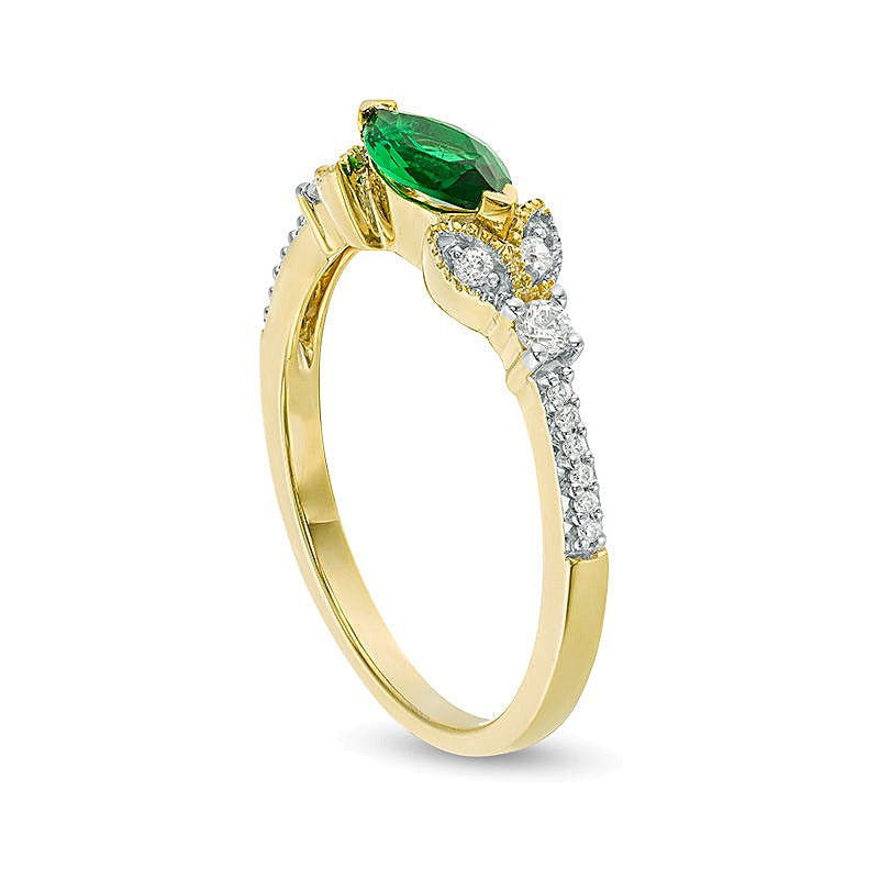 Sideways Marquise Lab-Created Emerald and 0.1 CT. TW Diamond Petals Ring in 10K Gold