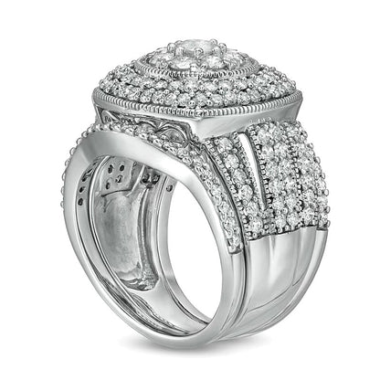 2.25 CT. TW Composite Diamond Cushion Frame Multi-Row Vintage-Style Three Piece Bridal Set in 10K White Gold