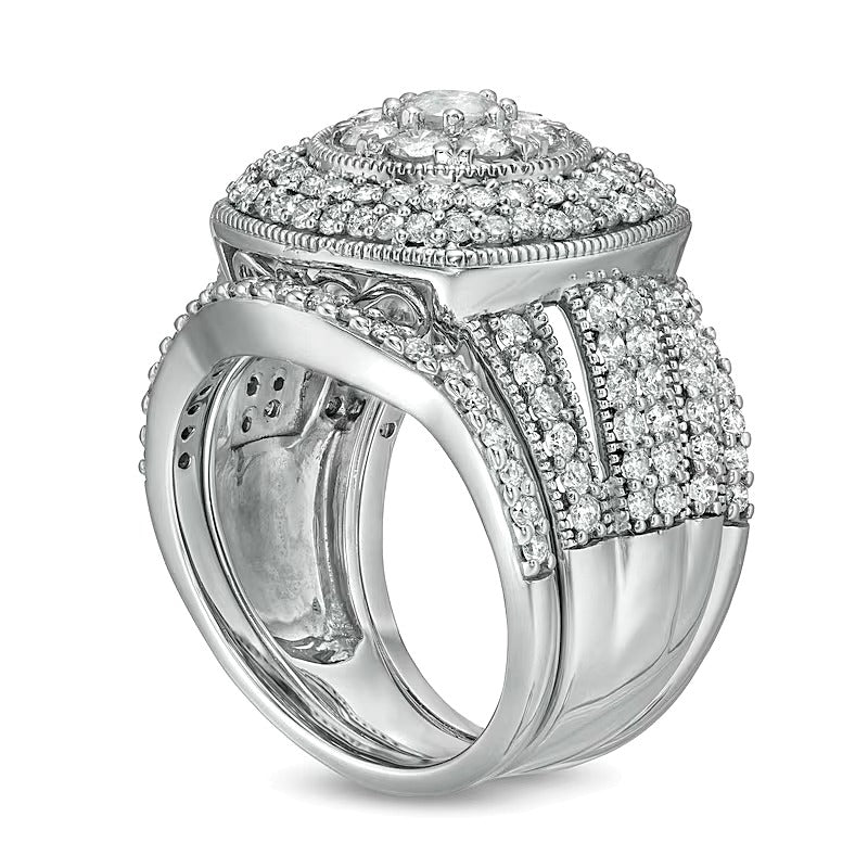 2.25 CT. TW Composite Diamond Cushion Frame Multi-Row Vintage-Style Three Piece Bridal Set in 10K White Gold