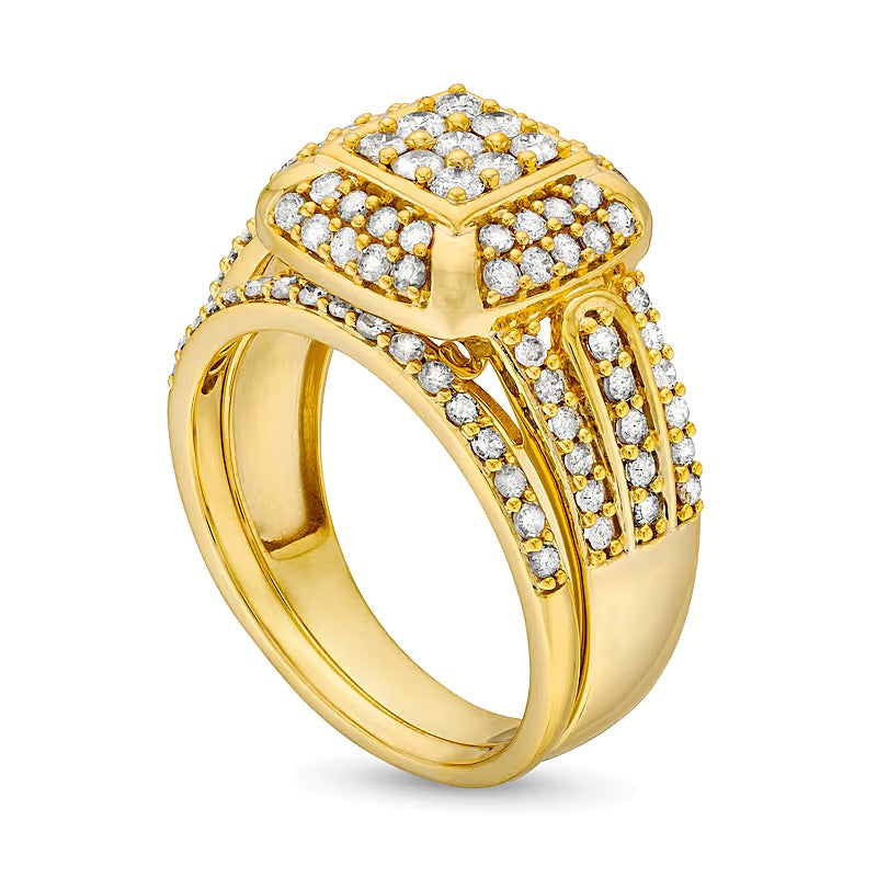 1.0 CT. TW Princess Multi-Diamond Cushion Frame Bridal Set in 10K Gold
