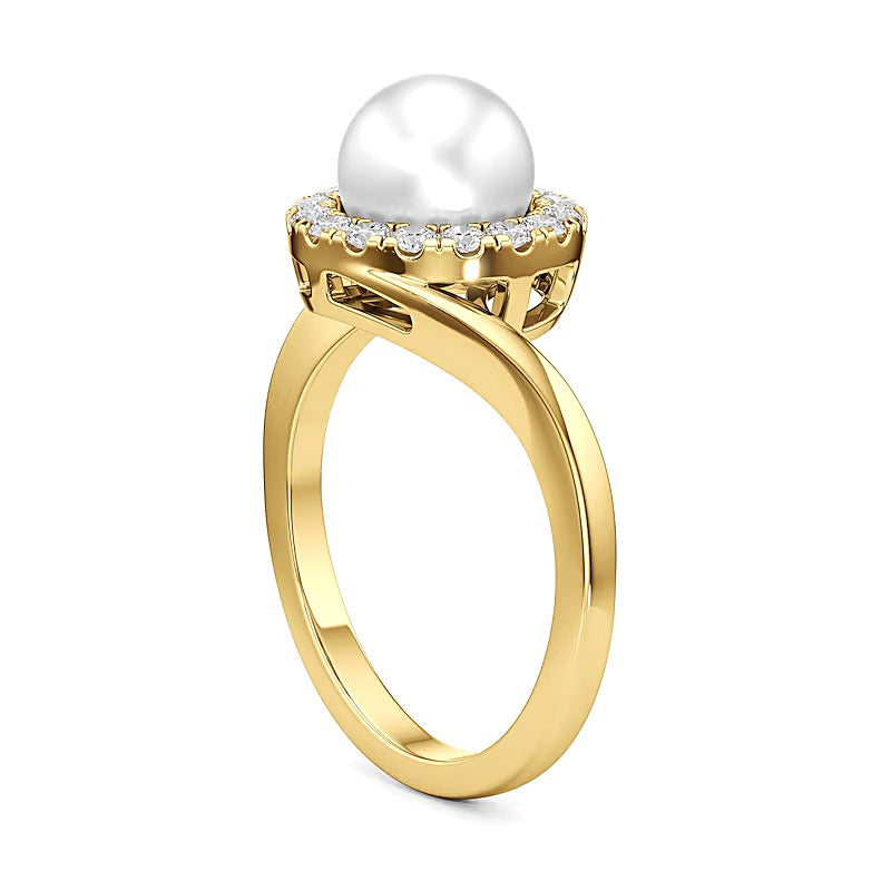 7.0mm Freshwater Cultured Pearl and 0.33 CT. TW Lab-Grown Diamond Frame Bypass Shank Ring in 14K Gold