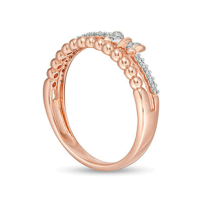 0.1 CT. TW Diamond and Beaded Butterfly Stacked Ring in 10K Rose Gold