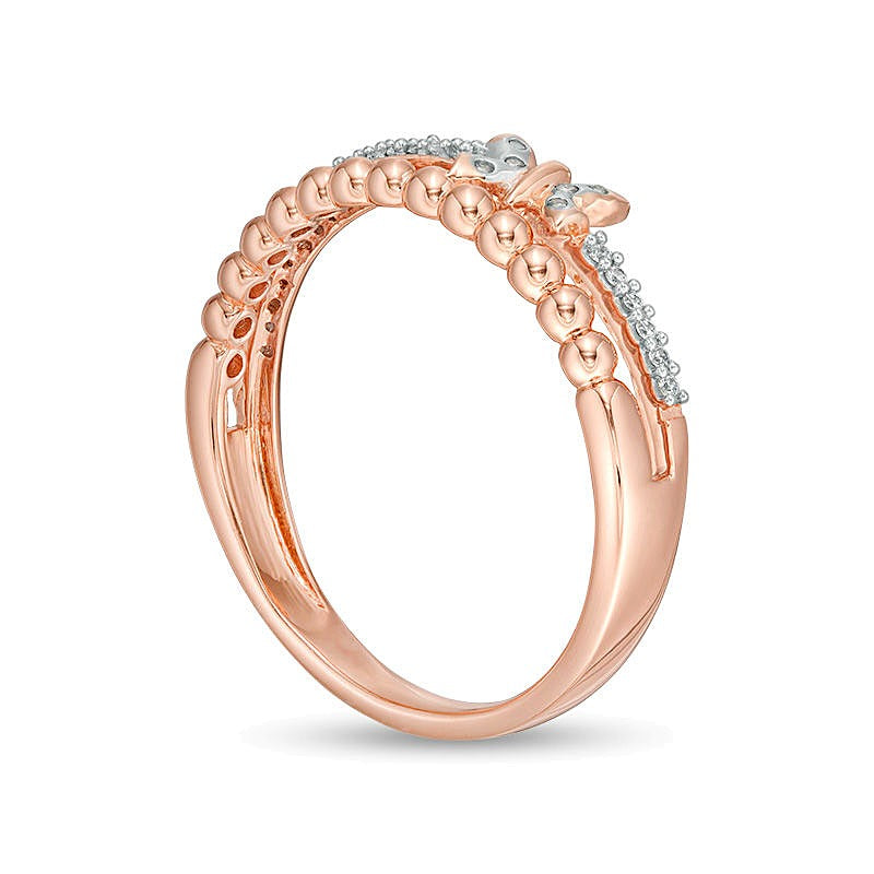 0.1 CT. TW Diamond and Beaded Butterfly Stacked Ring in 10K Rose Gold