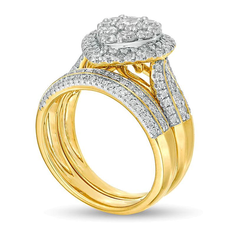 1.5 CT. TW Pear-Shaped Multi-Diamond Frame Multi-Row Bridal Set in 10K Gold