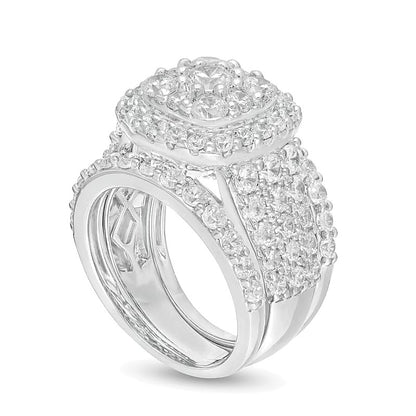 3.75 CT. TW Diamond Double Cushion Frame Multi-Row Three Piece Bridal Set in 10K White Gold