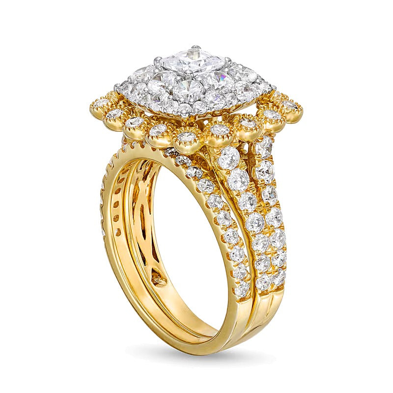 2.75 CT. TW Cushion Multi-Diamond Bubble Frame Vintage-Style Bridal Set in 10K Gold