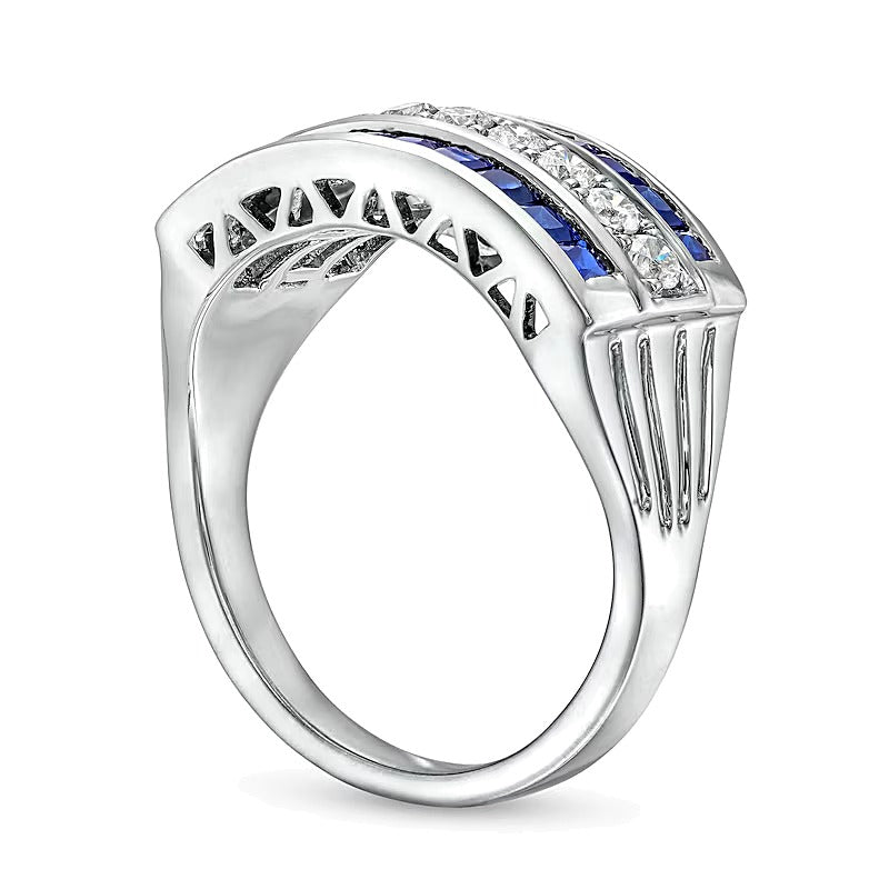 0.33 CT. TW Diamond and Princess-Cut Blue Sapphire Triple Row Ring in 14K White Gold