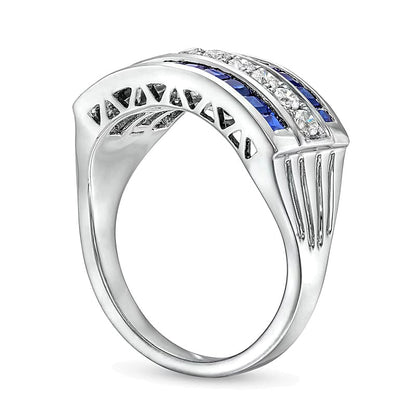 0.33 CT. TW Diamond and Princess-Cut Blue Sapphire Triple Row Ring in 14K White Gold