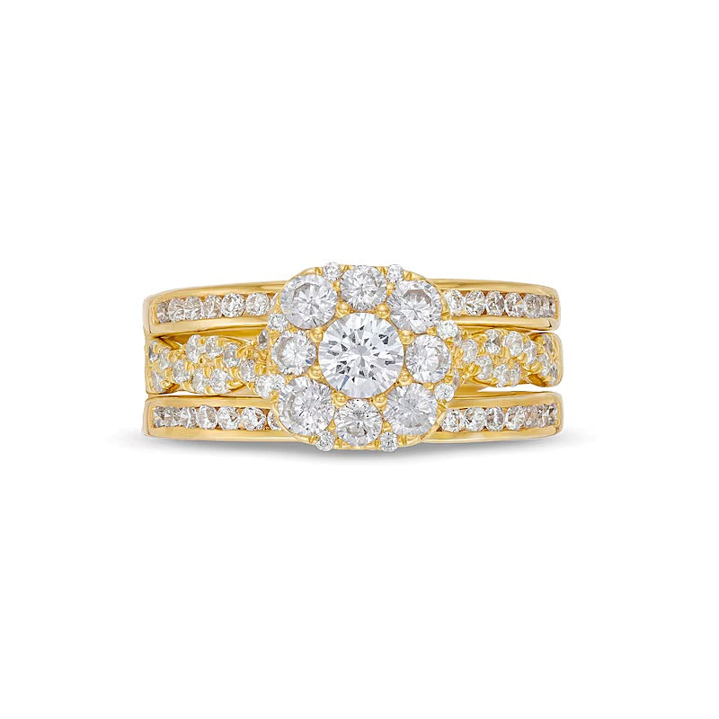 1.5 CT. TW Cushion Multi-Diamond Twist Shank Three Piece Bridal Set in 10K Gold