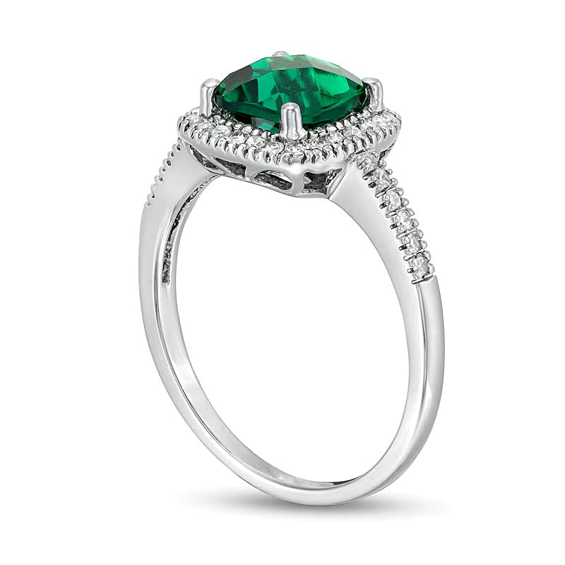7.0mm Checkerboard Cushion-Shaped Lab-Created Emerald and 0.2 CT. TW Diamond Frame Ring in 10K White Gold