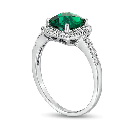 7.0mm Checkerboard Cushion-Shaped Lab-Created Emerald and 0.2 CT. TW Diamond Frame Ring in 10K White Gold