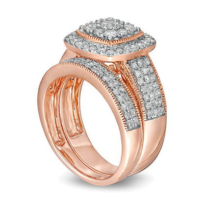1.33 CT. TW Composite Cushion Diamond Frame Multi-Row Vintage-Style Bridal Set in 10K Rose Gold