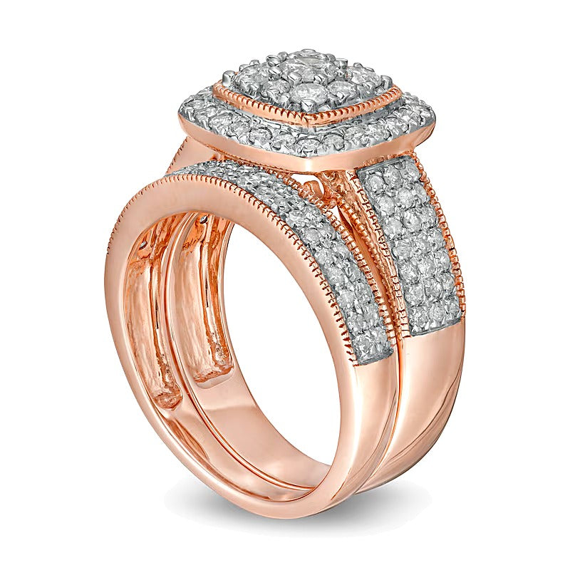 1.33 CT. TW Composite Cushion Diamond Frame Multi-Row Vintage-Style Bridal Set in 10K Rose Gold