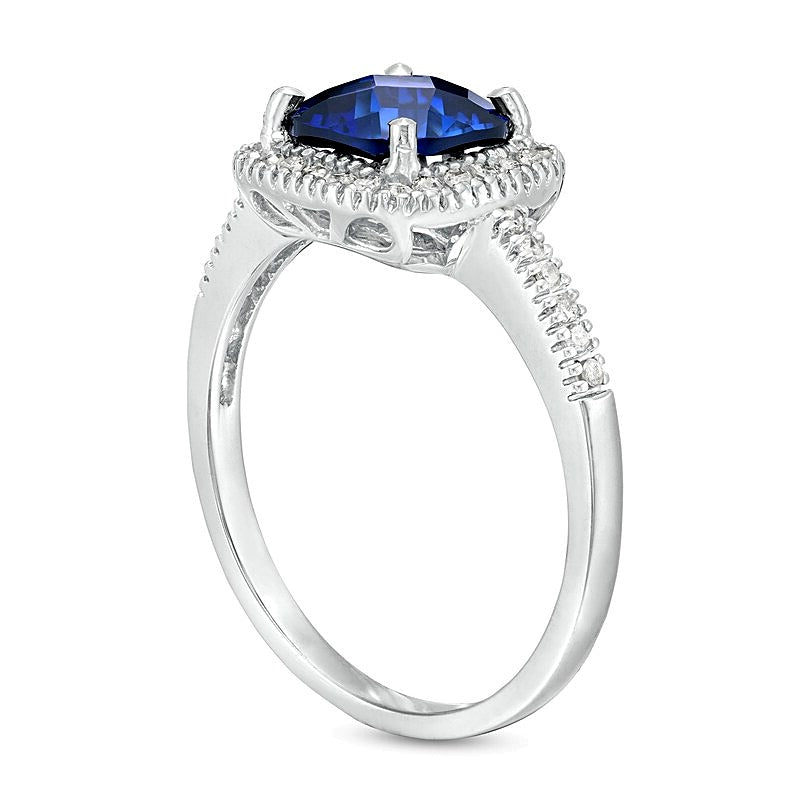 7.0mm Checkerboard Cushion-Cut Blue Lab-Created Sapphire and 0.2 CT. TW Diamond Frame Ring in 10K White Gold
