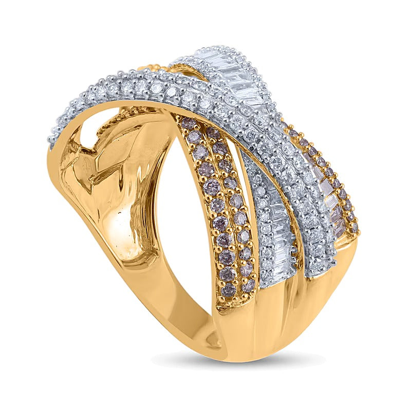 1.5 CT. TW Champagne and White Diamond Layered Criss-Cross Ring in 10K Gold