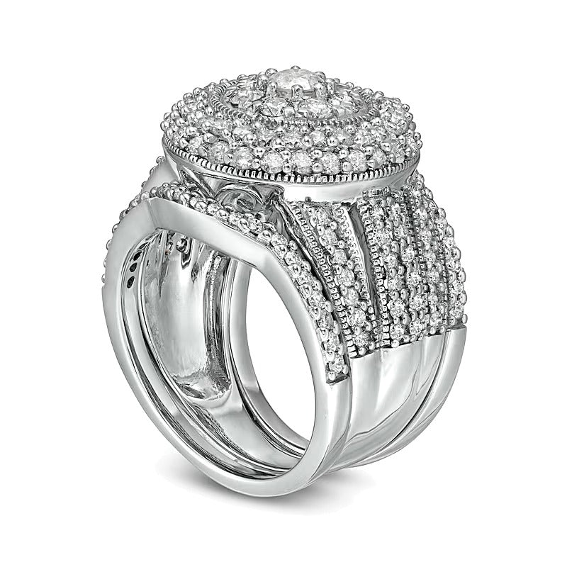 2.25 CT. TW Composite Diamond Multi-Row Vintage-Style Three Piece Bridal Set in 10K White Gold