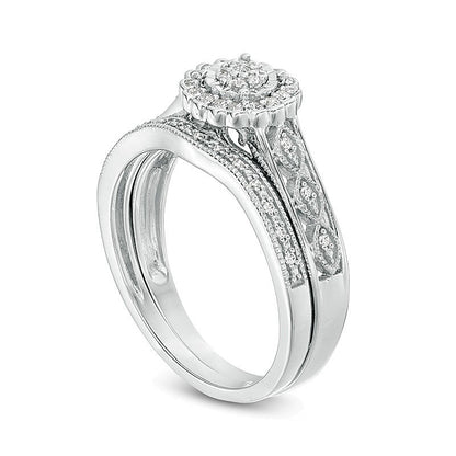 0.2 CT. TW Composite Diamond Flower Frame Vintage-Style Bridal Set in Sterling Silver