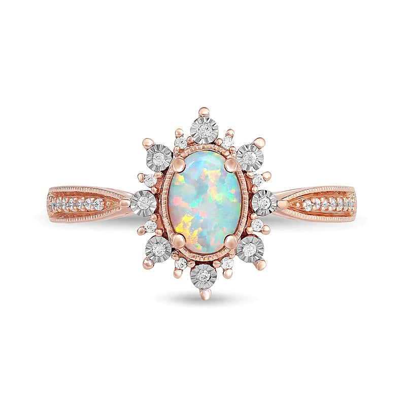 Oval Opal and 0.1 CT. TW Diamond Shadow Frame Vintage-Style Ring in 10K Rose Gold
