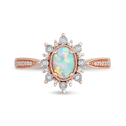 Oval Opal and 0.1 CT. TW Diamond Shadow Frame Vintage-Style Ring in 10K Rose Gold