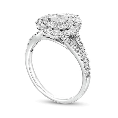 1.5 CT. TW Pear-Shaped Diamond Double Frame Split Shank Engagement Ring in 14K White Gold