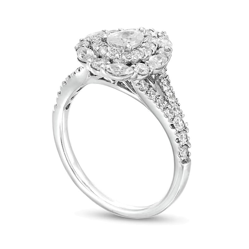 1.5 CT. TW Pear-Shaped Diamond Double Frame Split Shank Engagement Ring in 14K White Gold