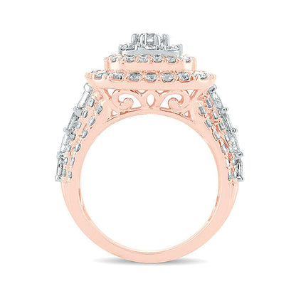 3.0 CT. TW Diamond Triple Cushion Frame Multi-Row Engagement Ring in 10K Rose Gold