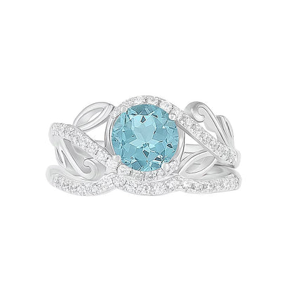 7.0mm Aquamarine and 0.38 CT. TW Diamond Bypass Leaf Shank Bridal Set in 10K White Gold