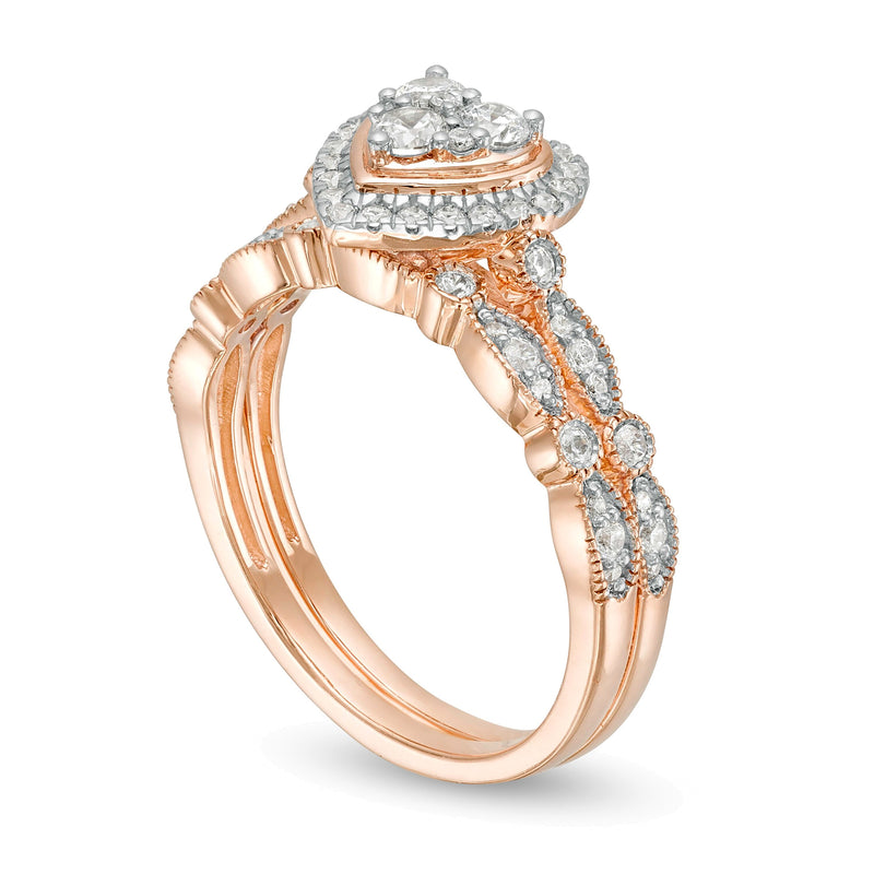 0.5 CT. TW Multi-Diamond Heart Frame Alternating Marquise Vintage-Style Bridal Set in 10K Rose Gold