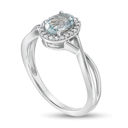 Oval Aquamarine and 0.07 CT. TW Diamond Frame Twist Shank Ring in 10K White Gold