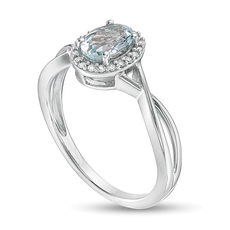 Oval Aquamarine and 0.07 CT. TW Diamond Frame Twist Shank Ring in 10K White Gold