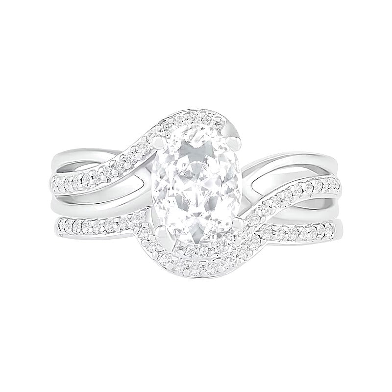 Oval Lab-Created White Sapphire Crossover Bypass Split Shank Bridal Set in Sterling Silver