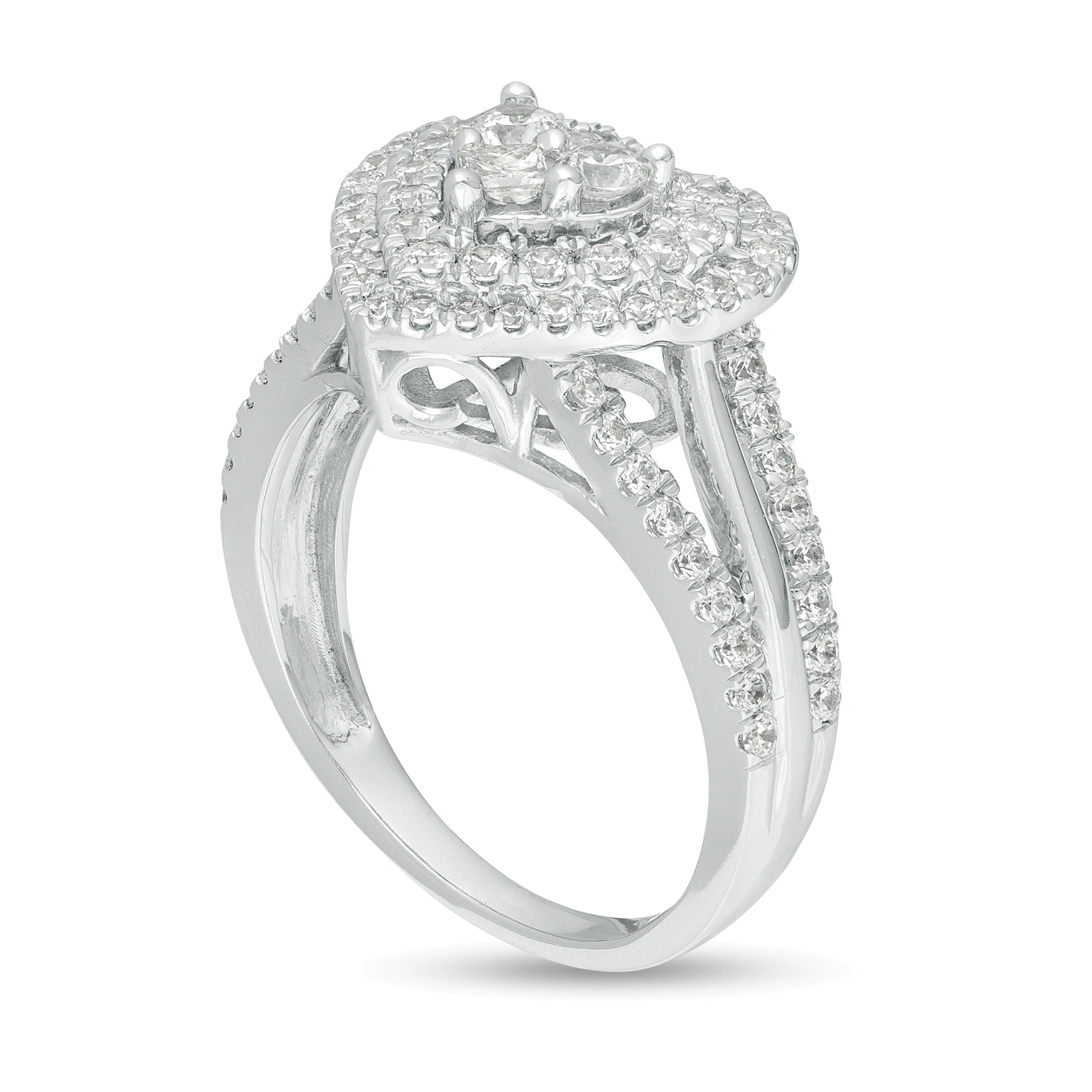 1.0 CT. TW Heart-Shaped Multi-Diamond Double Frame Split Shank Ring in 10K White Gold
