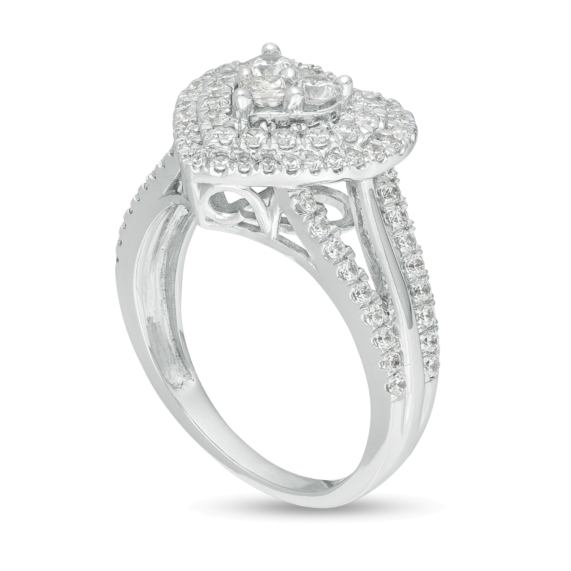 1.0 CT. TW Heart-Shaped Multi-Diamond Double Frame Split Shank Ring in 10K White Gold