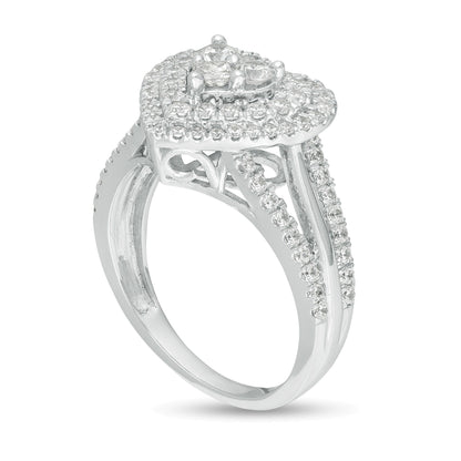 1.0 CT. TW Heart-Shaped Multi-Diamond Double Frame Split Shank Ring in 10K White Gold
