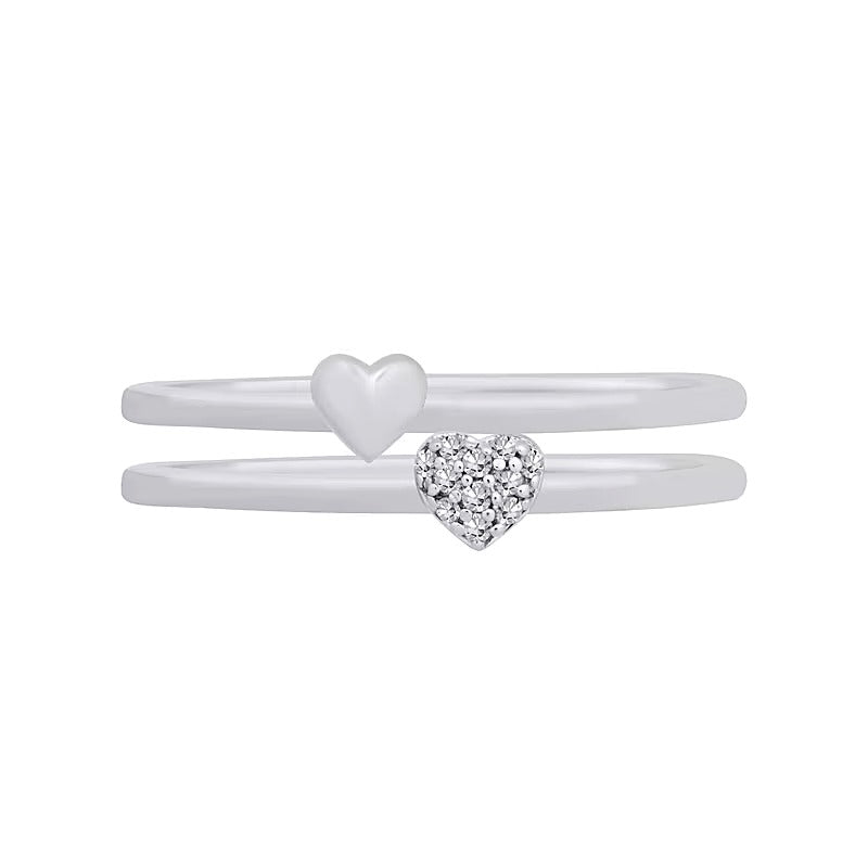 Heart-Shaped Multi-Diamond Accent and Polished Heart Two Piece Stackable Ring Set in 10K White Gold
