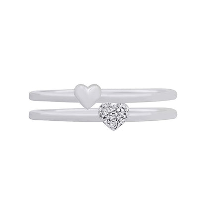 Heart-Shaped Multi-Diamond Accent and Polished Heart Two Piece Stackable Ring Set in 10K White Gold
