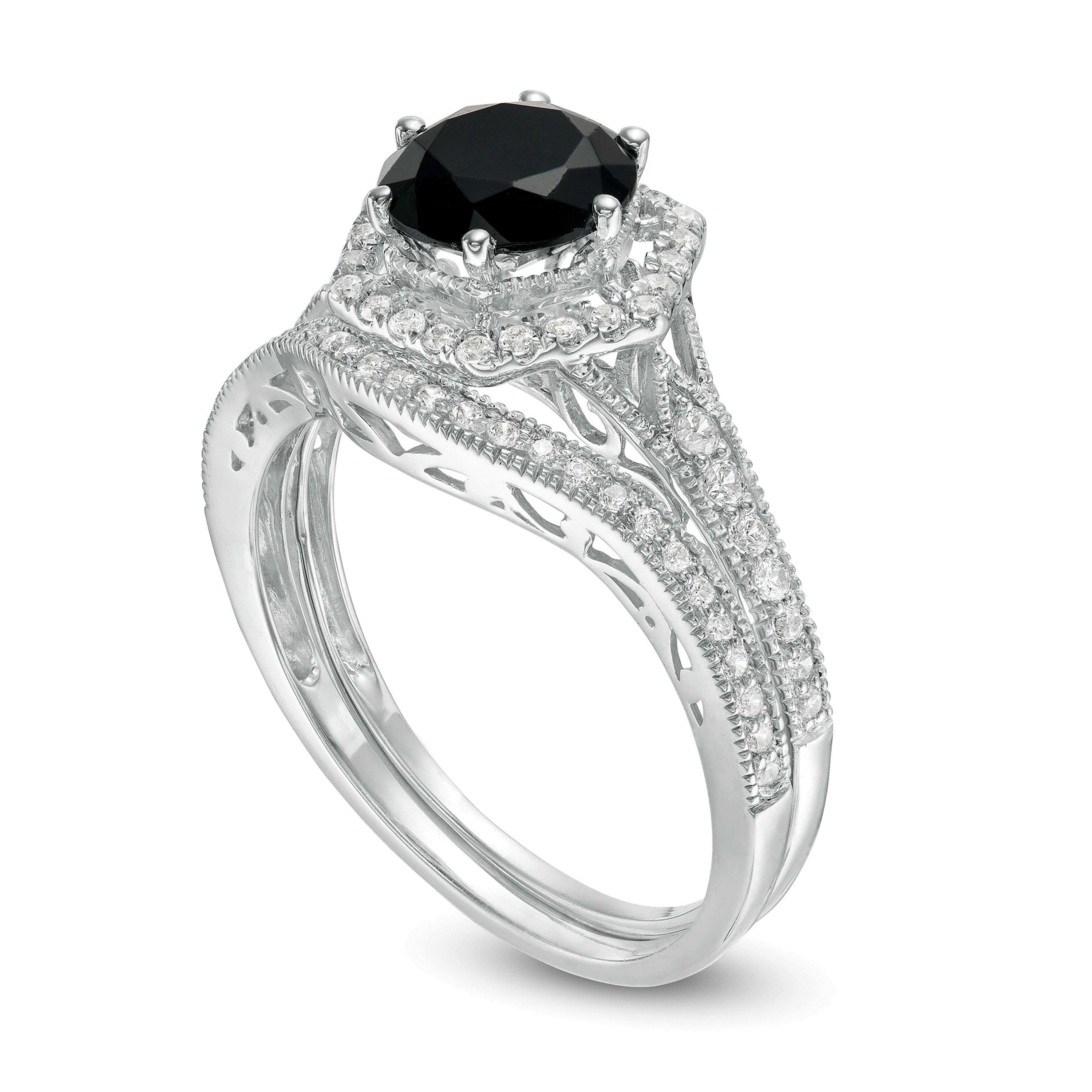 7.0mm Lab-Created Black Sapphire and 0.38 CT. TW Diamond Hexagonal Frame Vintage-Style Bridal Set in 10K White Gold
